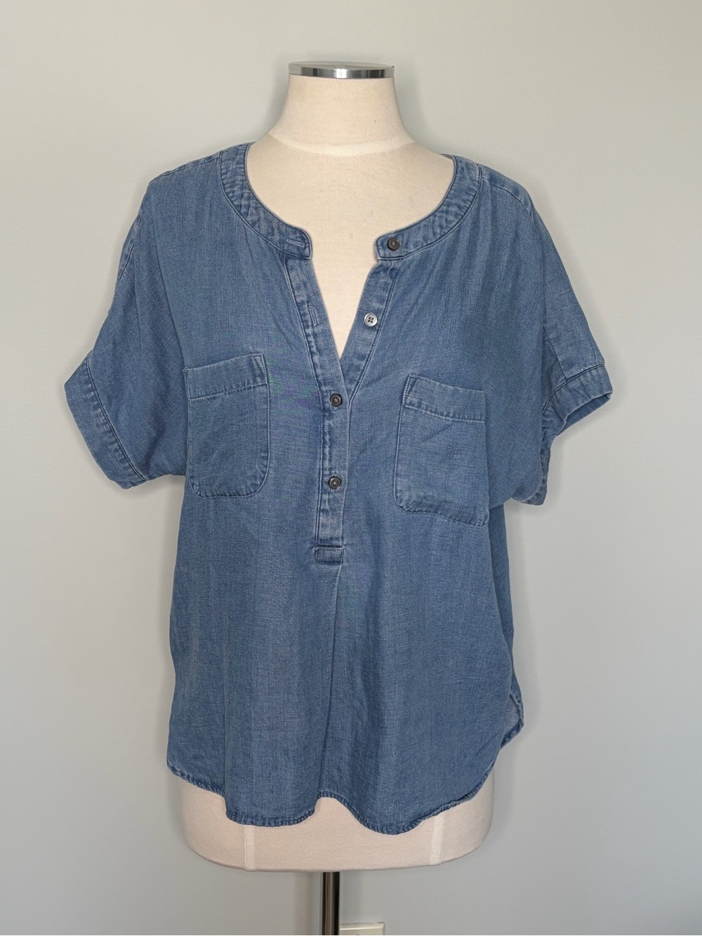 Loft Casual Blue Denim Button-Down Henley Top, Medium